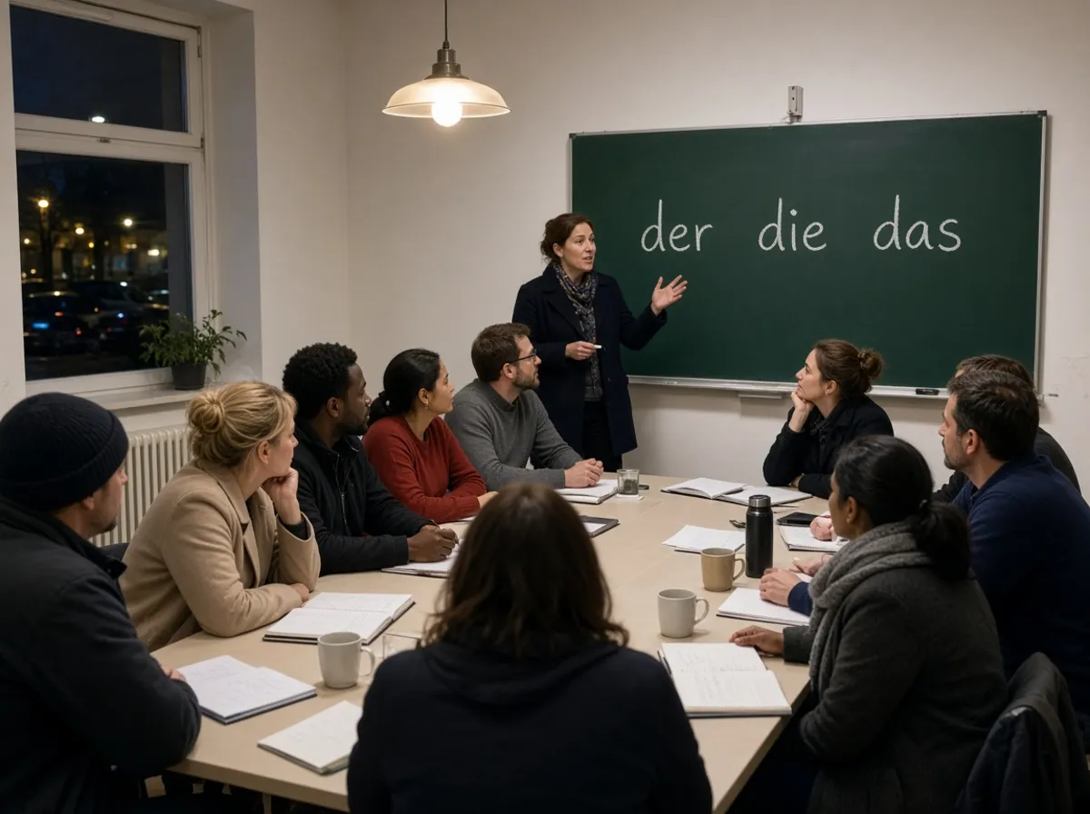 Abendlicher Deutschkurs mit rund zwanzig Erwachsenen vor einer Tafel mit Grammatiknotizen