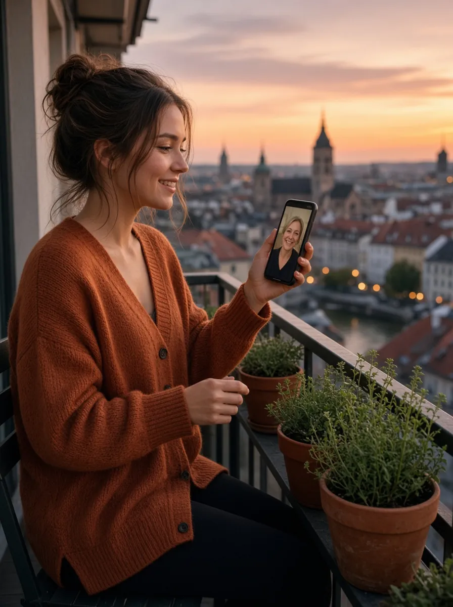 Hände halten auf dem Balkon ein Smartphone mit laufendem Videogespräch mit einer Tutorin